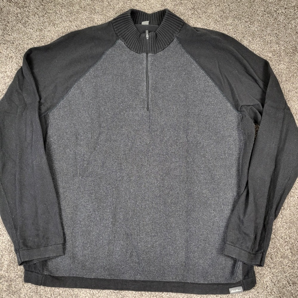 Eddie Bauer Quarter Zip Mens 2XL Black Merino Wool Blend Gorpcore Pullover